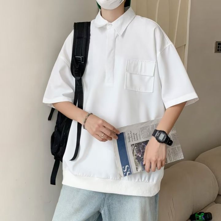 สไตล์ญี่ปุ่น-polo-เสื้อแขนสั้นผู้ชายฤดูร้อนแบรนด์แฟชั่นทรงหลวม-t-เสื้อ-ins-เสื้อผ้าที่มีดีไซน์หลากหลายสไตล์ฮ่องกงสุดอินเทรนด์