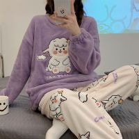 Autumn Winter Womens Pajamas Cute Cartoon Printed Sleepwear Casual Home Wear Set Girl Knitted Size M-3XL Pijamas Fashion Pyjama