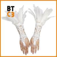 BTC3 สีขาวขาว ถุงมือยาวขนนก งานปัก ลูกไม้ขนนก ถุงมือนวม อุปกรณ์เสริมเสริม แขนตาข่ายโกธิค ปาร์ตี้ฮาโลวีน