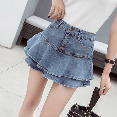 ‘；’ Vintage Denim Mini Skirts Women Summer  Solid Colour Ball Gown Skirts Jeans Female Casual Pocket Slim A-Line Mini Skirts