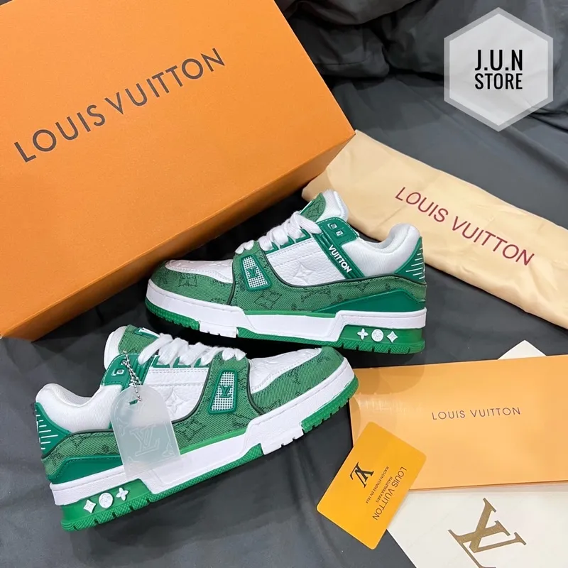 Giày Louis Vuitton Trainer Green Monogram Denim White HS