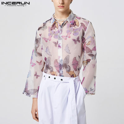 เสื้อยืดแขนยาวสำหรับผู้ชาย INCERUN เสื้อลายดอกมีกระดุมลายดอก (สไตล์ตะวันตก)
