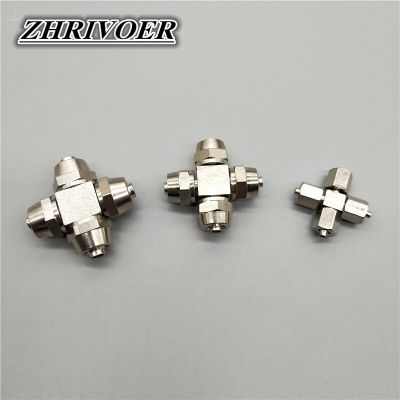 PZA-4 6 8 10 12mm Quick Twist Connector Cross Type 4 Ways Nickel Plated Brass Pneumatic Fast Push Air Fitting for PU Tube Pipe Fittings Accessories