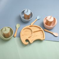 4pcs New Baby Wooden Dinnerplate Set With Suction Cup Food Grade Silicone Bowl Spoon Infant Feeding Training Dishes Stuff