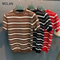 MOLAN เสื้อเชิ้ตใส่สบายถักแขนสั้นผู้ชาย,แขนสั้นลายลำลองฤดูร้อน