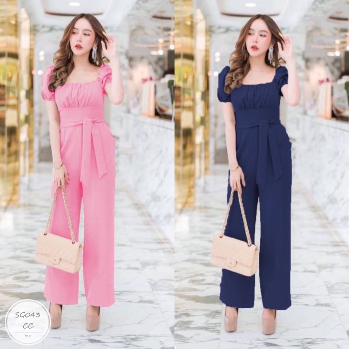 ml043-jumpsuit-จั๊มสูทขายาว-แขนพอง-ช่วงอกจับจีบ-ช่วงเอวมีโบว์ผูก-ไหล่สม็อคยางยืด-เนื้อผ้าซาร่า-ทรงเข้ารูปสวย-งานน่ารัก-ใส่สวยตัวเดียวจบ-นางแบบใส่งานจริง-เนื้อผ้า-ซาร่า-สี-2-สี-กรม-ชมพู-ขนาด-รอบอก-bust