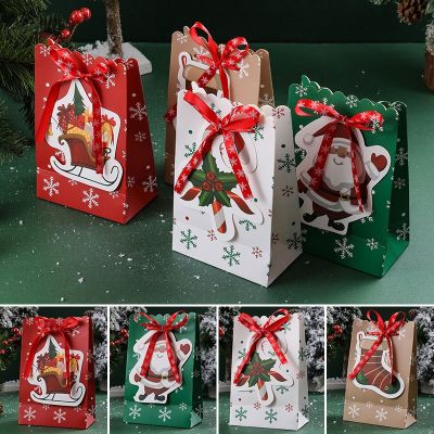 Merry Christmas Cute Bow Gift Boxes Bag Santa Claus Socks Pattern Christmas Candy Packaging Bags New Year 2023 Xmas Wholesale