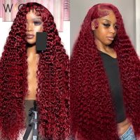 【LZ】☈  Wigirl 30 Inch Deep Wave Human Hair Wigs 99J Burgundy Transparent 180  Red Colored Remy Curly 13x4 Lace Frontal Wig For Women