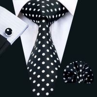 LS-1459 Barry.Wang Classic Men`s Tie 100 Black Polka Dot Silk Necktie Hanky Cufflink Set For Men`s Wedding Party Business