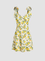 Cider Lemon Print V-neck Knotted Mini Dress