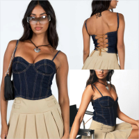 Modelhouses # Women Denim Camisole, Spaghetti Straps Backless เข้ารูปพอดีเสื้อฤดูร้อนสำหรับเที่ยวกลางคืน