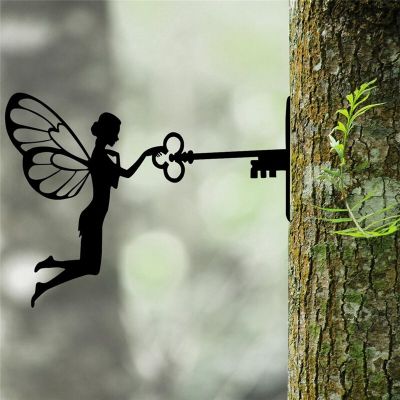 Garden Fairy Decoration Stake Metal Art Elf Silhouette Inserting Ornament Fairy Open Door With Key For Outdoor Tree Decoration Power Points  Switches
