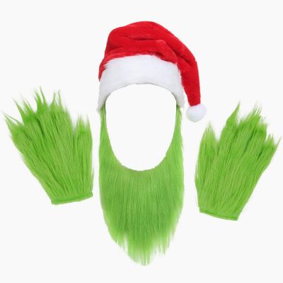 [Cos imitation] ผู้ใหญ่คริสต์มาสคริสต์มาสคอสเพลย์ตุ๊กตาสีเขียว Grinchs หมวกซานตาคลอสพร้อมเครา