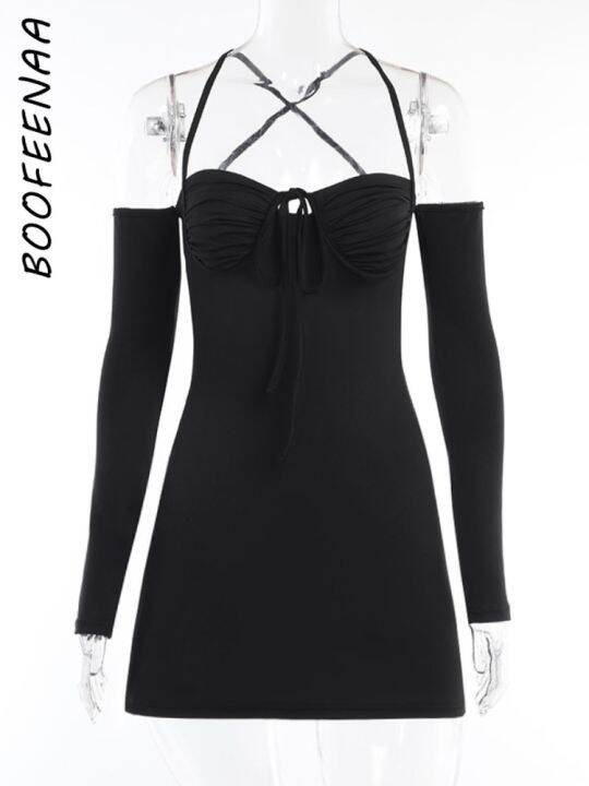 boofeenaa-เสื้อยาวแบบเปลือยหลังเชือกผูกคอสายสำหรับผู้หญิงชุดชุดกระโปรงสำหรับไนท์คลับฤดูใบไม้ร่วงสีดำชุดมินิเดรสสีชมพู2023-c66-cc17