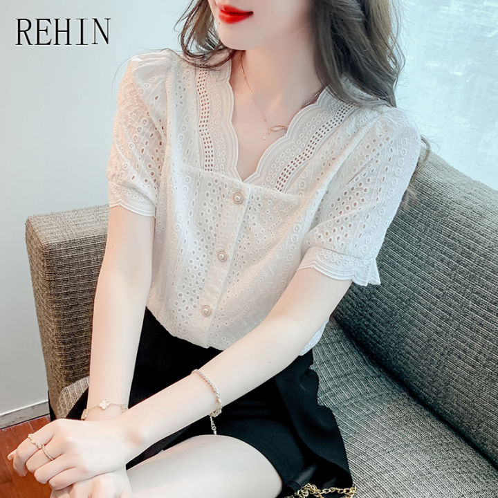 rehin-ผู้หญิงฤดูร้อนใหม่เกาหลีแขนสั้นเสื้อลูกไม้-v-คอ-hollowed-out-simple-slim-fit-เสื้อ