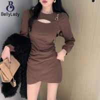 Women Long Sleeves Sexy Bodycon Dress Cut Out High Waist Solid Color Round Neck Dress【fast】