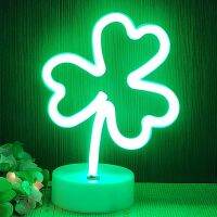 ℗♦ Shamrock Desktop Neon Leave Shape Lamp Lucky LED Neon Signs Children Baby Bedroom Christmas Decoration Green Clover with Base