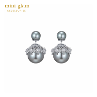 Miniglam Monarch Double Pearl Ball Earrings ต่างหูมุกทรงกลมสีเทาประดับเพชรคริสตัล