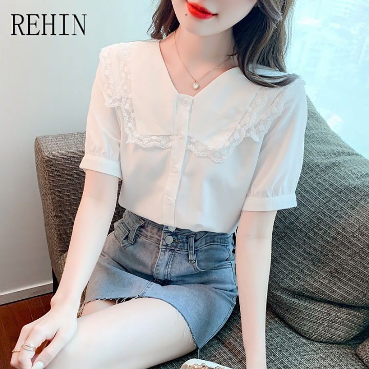 rehin-เสื้อสไตล์เกาหลีแบบใหม่แขนพองหวานสำหรับผู้หญิง-เสื้อแขนสั้นผ้าชีฟองทรงหลวมคอตุ๊กตาแฟชั่นฤดูร้อน