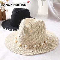 Topi Bucket สำหรับผู้หญิงหมวกแก็ปหมวกสำหรับฤดูใบไม้ผลิฤดูร้อนใหม่สำหรับผู้หญิงลูกปัดดอกไม้ปีกกว้างกระบังแสงหมวกปานามาแจ๊สหมวกชายหาดดอกไม้มุกหมุดหมวกฟาง