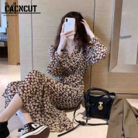 CACNCUT Dress On Sale Korean Style Floral Dress Women Bubble Sleeve Below Knee Length Dress