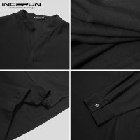 Incerun เสื้อเชิ้ตลําลองสําหรับผู้ชายแขนยาวคอวีทรงหลวม