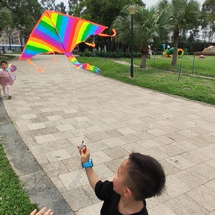 ว่าวหางยาวพร้อมที่จับว่าวสามเหลี่ยมใหญ่ของเล่นกลางแจ้งว่าวหลากสีสำหรับเด็กสีรุ้งของขวัญสำหรับ-s