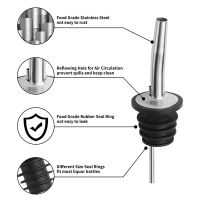 12 Pack Stainless Steel Classic Bottle Pourers Tapered Spout - Liquor Pourers with Rubber Dust Caps Black