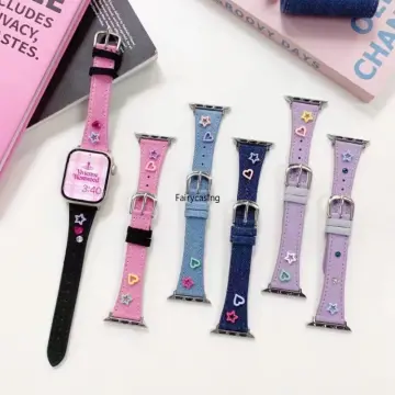 Y2k Star Butterfly Embroidered Denim Leather Watch Strap For Apple