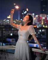 SP227S : Crinkle Chiffon Dot Mini Dress มินิเดรสชีฟองลายจุดสีขาว