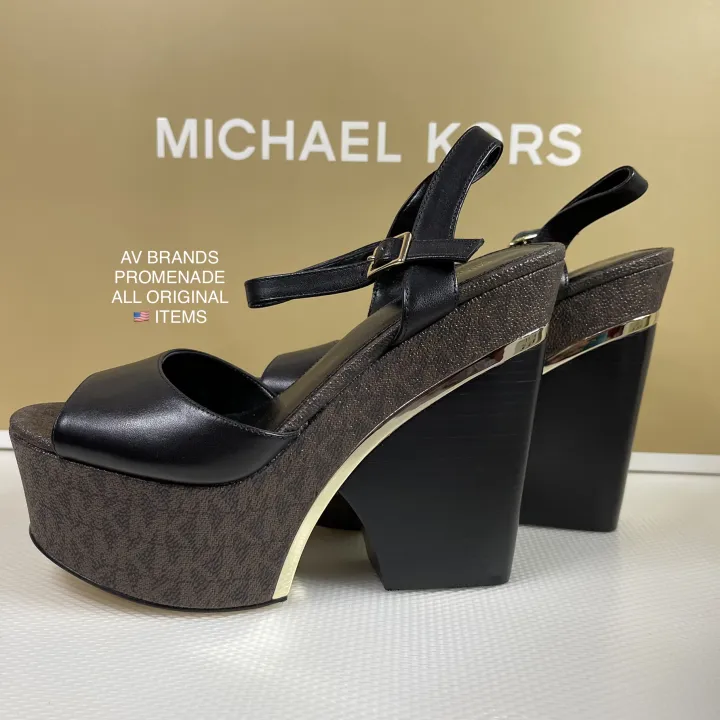 Original Michael Kors Lana Logo and Leather Wedge Sandals Black Brown Color  | AV Brands Promenade | Lazada PH