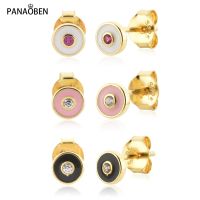 [Han ornaments] PANAOBEN 925ต่างหูเงินสำหรับผู้หญิงทองรอบตาสายรุ้งเคลือบสตั๊ดเจาะเครื่องประดับ Fine P Endientes คลิปแต่งงาน