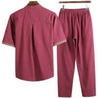 、’】【= Summer Chinese Style Linen Tang Suit Traditional Clothing Men Shorts Tai Chi Uniform Retro V-Neck Short Sleeve Shirt Pants Set