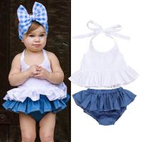 Toddler Kids Baby Summer Outfit White Halter Sleeveless Vest Top + Blue Ruffle Shorts Set for Baby Girl, 6 Months to 4 Years  by Hs2023