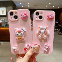 เข้ากันได้กับ iPhone 14 11 12 13 Pro MAX 12 13 Mini X XR Max 6S 7 8 Plus เคสสีชมพู3D ไอศครีมเมโลดี้เคสโทรศัพท์ซิลิโคนทรงฮัลโหลคิตตี้