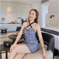 TW15062 เดรสสายกากบาทลายสก็อต  Plaid cross strap dress