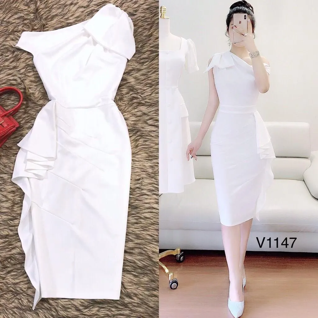 Váy trắng lệch vai phối bèo eo (KF3 - V1147) - [SALE] | Lazada.vn