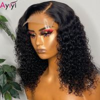 【jw】☒✌ Ayiyi Kinky Curly Human Hair Wigs Pre Plucked Transparent 13x4 Frontal Wig Deep Short Bob