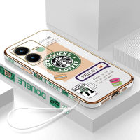 เคสเคสมือถือสำหรับ Y22S Vivo พร้อมฟรีสายคล้อง + โลโก้ Starbucks แฟชั่นชุบขอบสี่เหลี่ยมฝาหลังนิ่ม