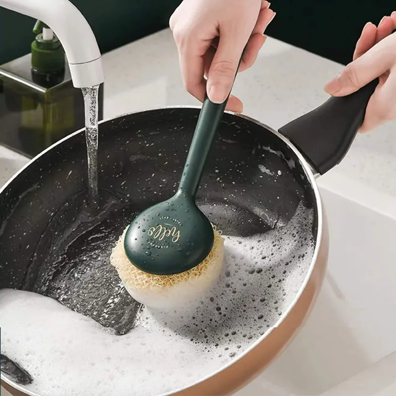 Long Handle Replaceable Mesh Dish Scrubber Nylon Scourer Nanofiber Scouring Kitchen  Sponge Cleaning Dish Brush Reusable