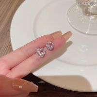 ? เครื่องประดับ S925 silver needle contracted temperament zircon pink earrings female ins tide love luxury niche web celebrity with stud earrings