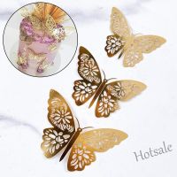 【Ready Stock】 ☎☁ E05 12Pcs Gold 3D Hollow Butterfly Metal Texture Paper Birthday Cake Topper for Weddind Party Cake Decorations