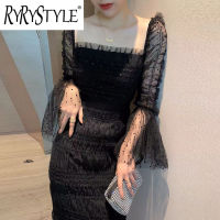 RYRYSTYLE ชุดเดรสปักเลื่อมเสื้อสเวทเตอร์แขนระบายคอสี่เหลี่ยมตาข่ายสีดำฤดูร้อนชุด SP เข้ารูปพอดี9495