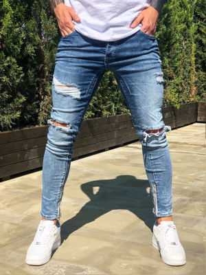 Cke CW】2022 Fashion Blue Ripped Jeans Men Skinny Slim Fit Hip Hop Denim Trousers Casual Jeans for Men Jo.gging jean homme Drop Shipping