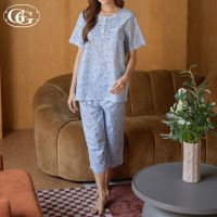 G&amp;G Nightwear รุ่น EN2PC5 ชุดนอนเสื้อแขนสั้นคอจีน + กางเกงขา 4 ส่วน ลายดอกไม้ ผ้า Cotton สี ฟ้าอ่อน (SX)