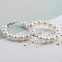 Women Elegant White Pearls Circle Round Hoop Earrings Girl Birthday Party Big Earrings Wedding Fashion Jewelry