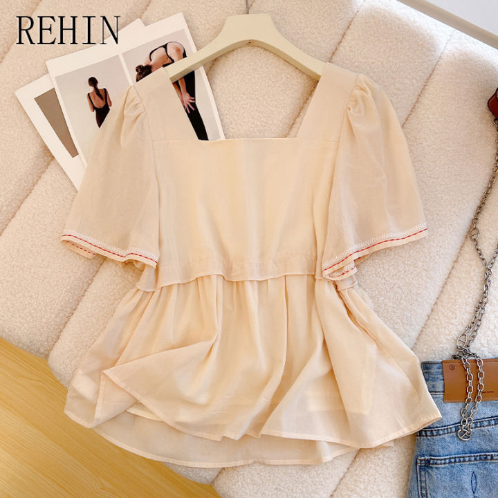 rehin-เสื้อเชิ๊ตผู้หญิง-เสื้อเชิ๊ตแขนพองคอสี่เหลี่ยมสไตล์ฝรั่งเศสเสื้ออินเทรนด์เสื้อชีฟองดีไซน์ใหม่สัมผัสไม่เหมือนใครสำหรับ2023ฤดูร้อน