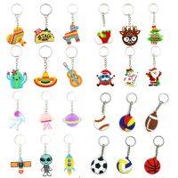 6pcs Cartoon Animal Dog Lion Flower Cat Keychain Creative Metal Fashion Mexican cactus hat horse guitar PVC Pendant Small Gift