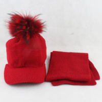 Winter Hat and scarf Set For Kids Baby Cotton Knitted Baseball Cap Children Real Fur Pompom Beanie Visor Hat