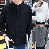 Men Cotton Linen Casual Slim Long Sleeve Business Stand-up Collar Shirt